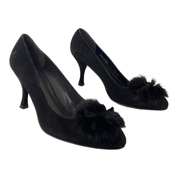 Stuart Weitzman 7.5 Black Suede Fur Pom Pom Detail Pumps Heels - Picture 1 of 7